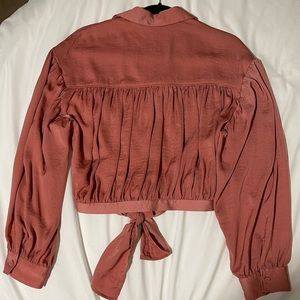 Express Cropped Silky Rose Tie Front Blouse Medium
